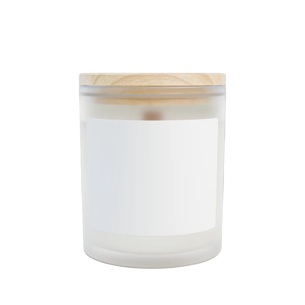 Frosted glass 11 oz candle with wooden wick; supplier-style base product reference, Taurus artwork not shown.