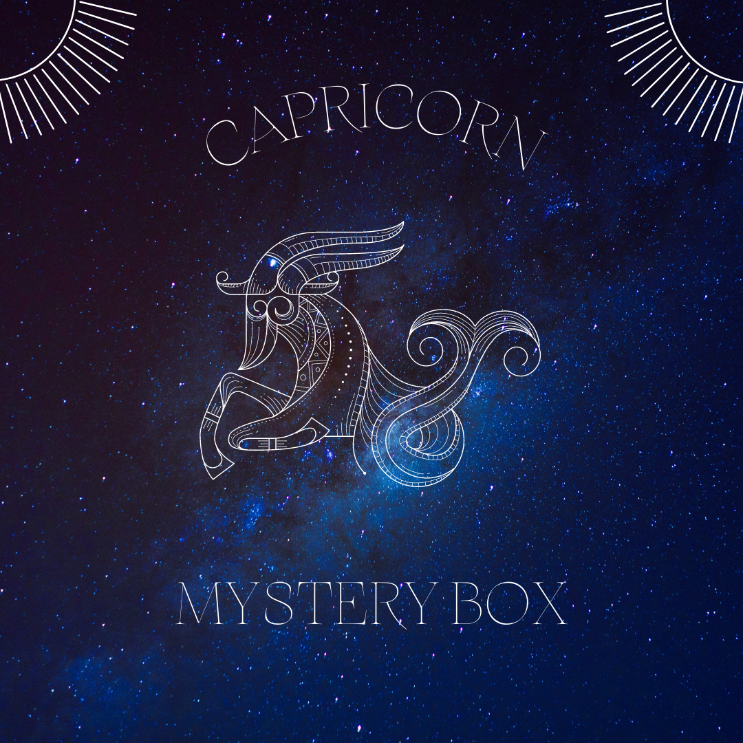 Capricorn crystal mystery box with Capricorn zodiac artwork and curated ritual crystals