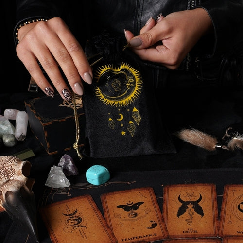 Samt-Tarotkartenbeutel Schwarz-Gold